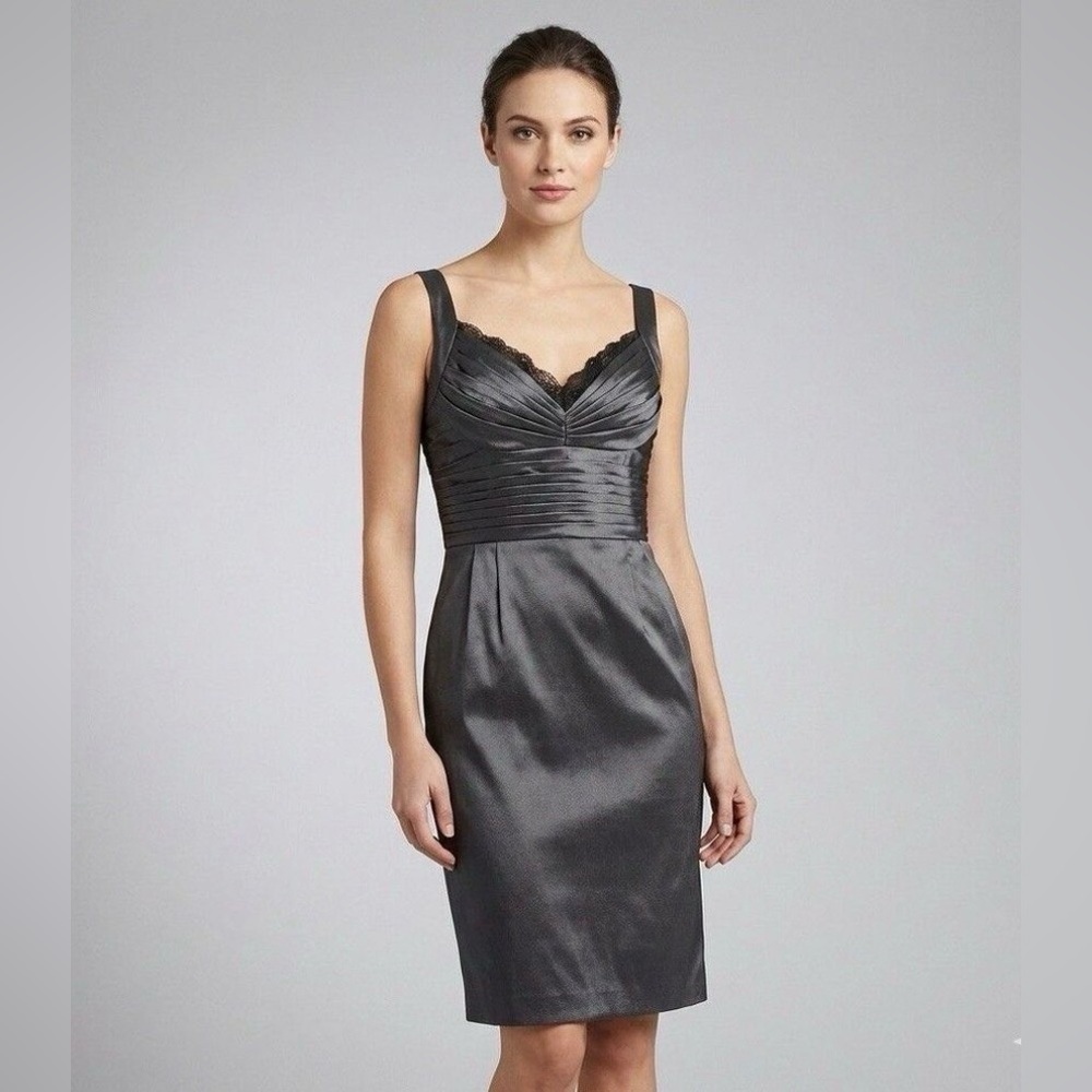 Adrianna Papell Cocktail Dress 12P Gray Pleated Bodice Black Lace Trim Sheath